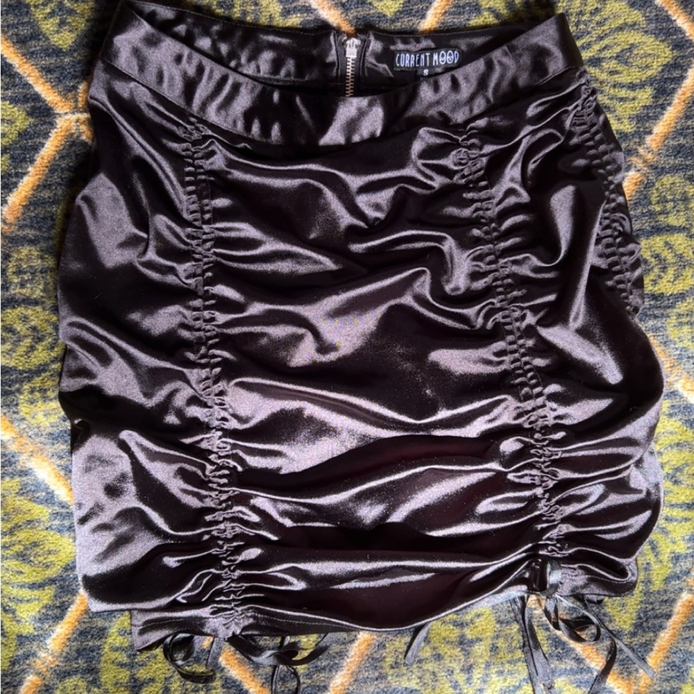 Current Mood Black Satin Ruched Mini Skirt with Drawstring Sides